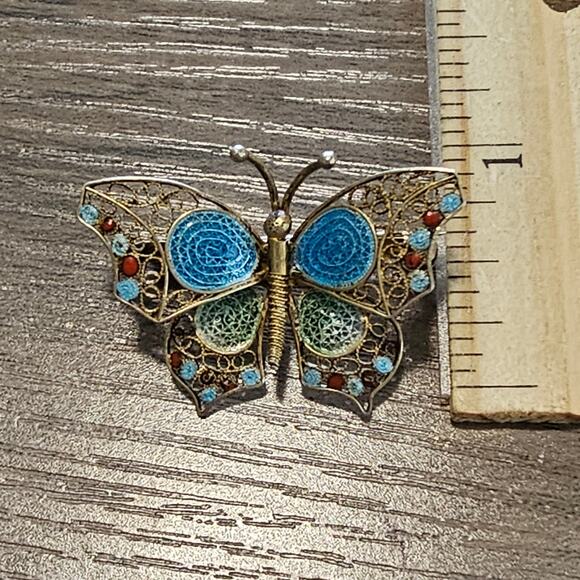 Vintage 800 Gold Filigree Painted Butterfly Brooch - Picture 3 of 8